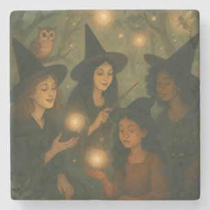 Halloween Oil Painting of Witches in the Woods Stone Coaster