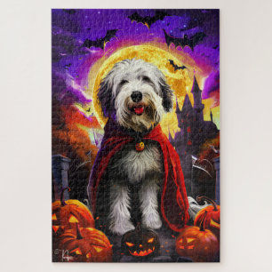 Halloween Old English Sheepdog Vampire Pumpkins Jigsaw Puzzle