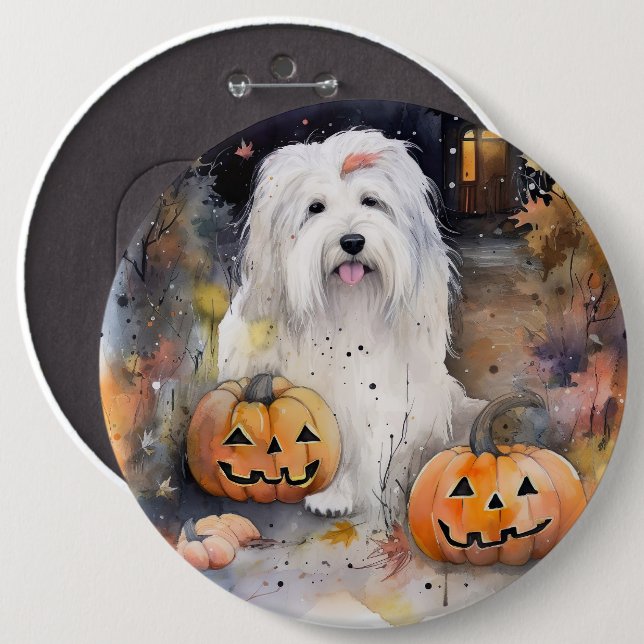 Halloween Old English Sheepdog With Pumpkins Scary 6 Cm Round Badge (Front & Back)
