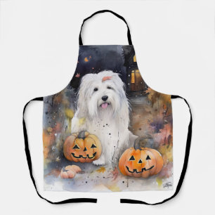 Halloween Old English Sheepdog With Pumpkins Scary Apron