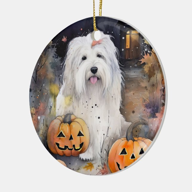 Halloween Old English Sheepdog With Pumpkins Scary Ceramic Ornament (Left)