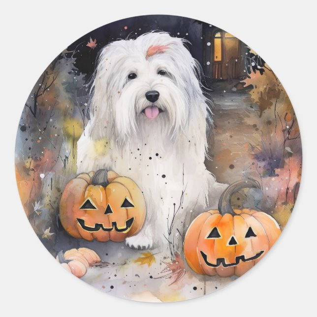 Halloween Old English Sheepdog With Pumpkins Scary Classic Round Sticker (Front)