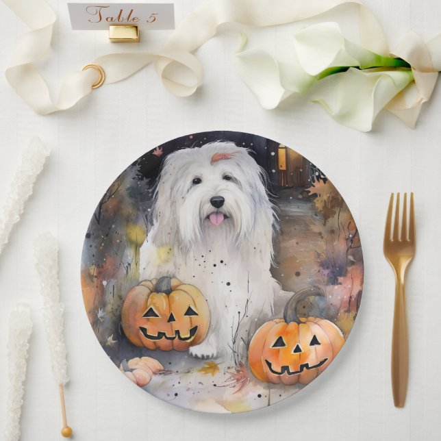 Halloween Old English Sheepdog With Pumpkins Scary Paper Plate (Wedding)