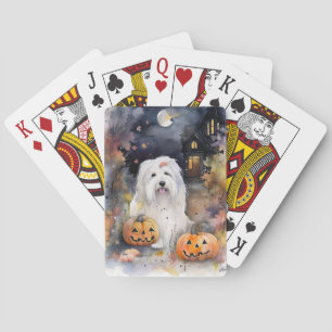 Halloween Old English Sheepdog With Pumpkins Scary Playing Cards