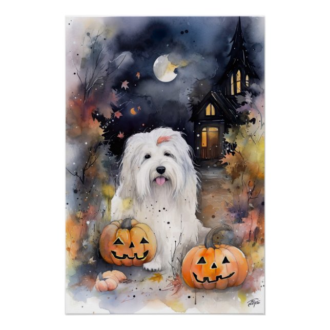 Halloween Old English Sheepdog With Pumpkins Scary Poster (Front)