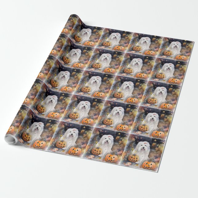 Halloween Old English Sheepdog With Pumpkins Scary Wrapping Paper (Unrolled)
