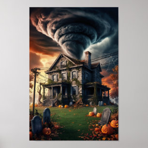 halloween old house in tornado poster