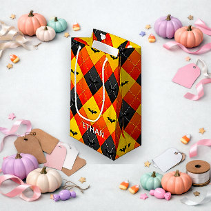 Halloween Orange and Black Argyle Bat Small Gift Bag