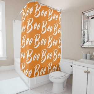 Halloween Orange and White boo text pattern Shower Curtain