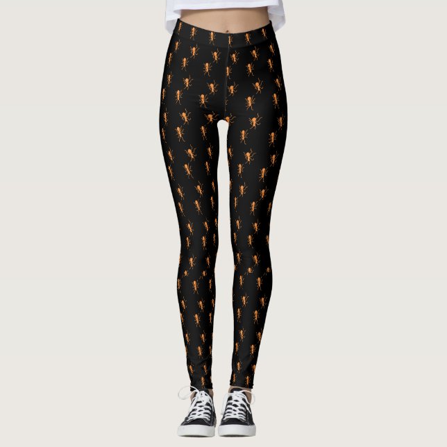 Halloween Orange Ants On Black Pattern Leggings (Front)