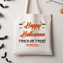Halloween Orange Black Bats Trick Or Treat Tote