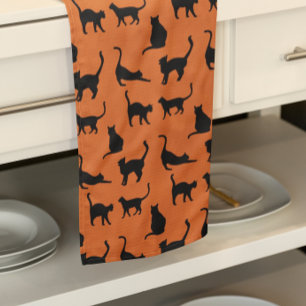 Halloween Orange Black Cat Tea Towel