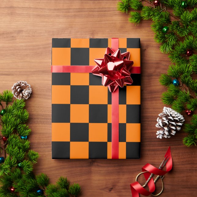 Halloween Orange Black Checks Birthday Custom Text Wrapping Paper (Holiday Gift)