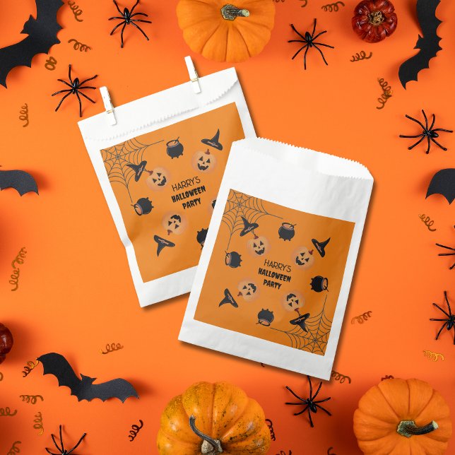 Halloween Orange & Black Personalized Favor Bags (Halloween Black & Orange Personalised Paper Favour Bags.)