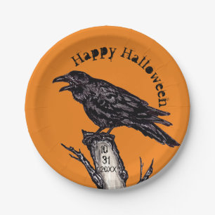 Halloween Orange Black Raven Crow Dated Gothic Paper Plate