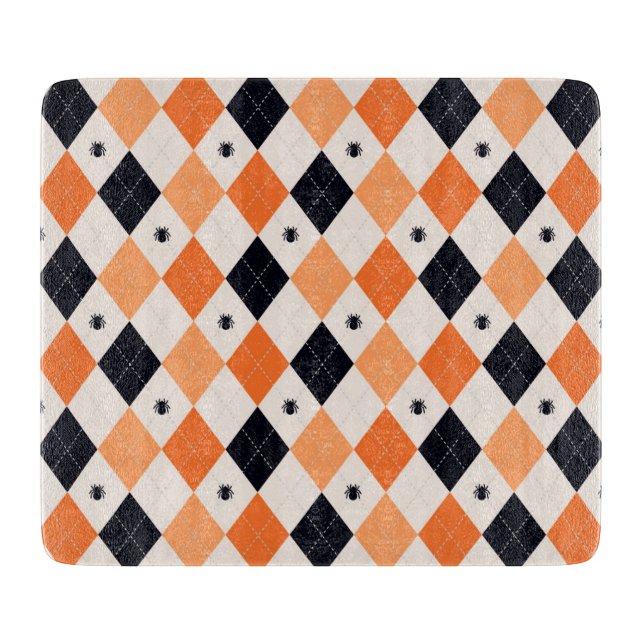 Halloween Orange & Black Spider Argyle Pattern Cutting Board (Front)