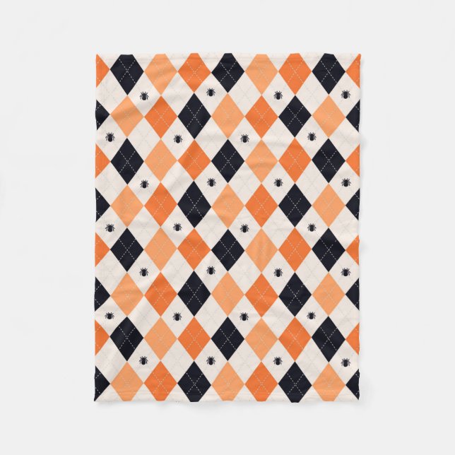 Halloween Orange & Black Spider Argyle Pattern Fleece Blanket (Front)
