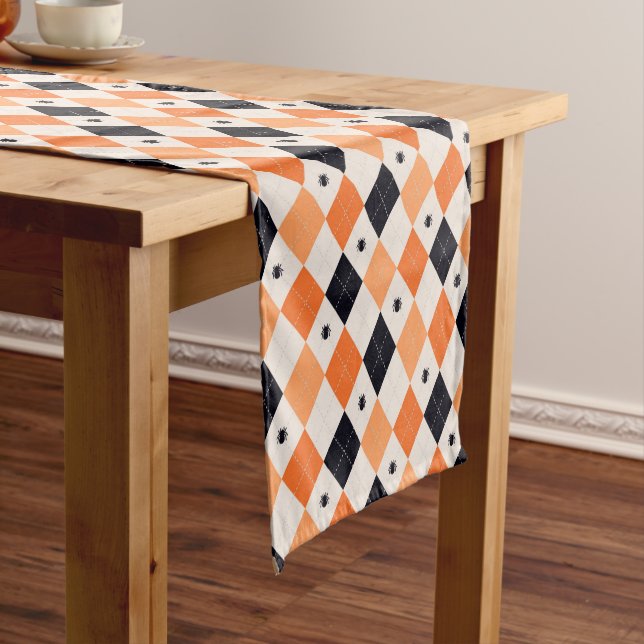 Halloween Orange & Black Spider Argyle Pattern Medium Table Runner (In Situ)