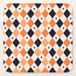 Halloween Orange & Black Spider Argyle Pattern Square Paper Coaster
