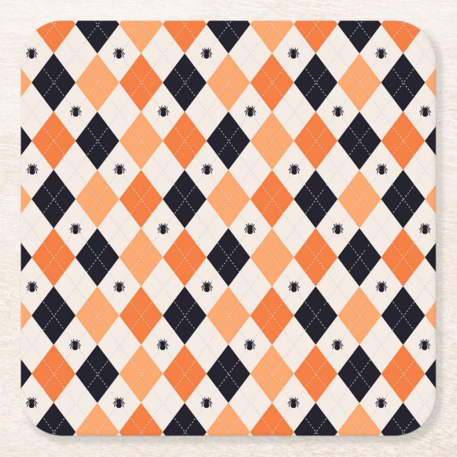 Halloween Orange & Black Spider Argyle Pattern Square Paper Coaster (Front)