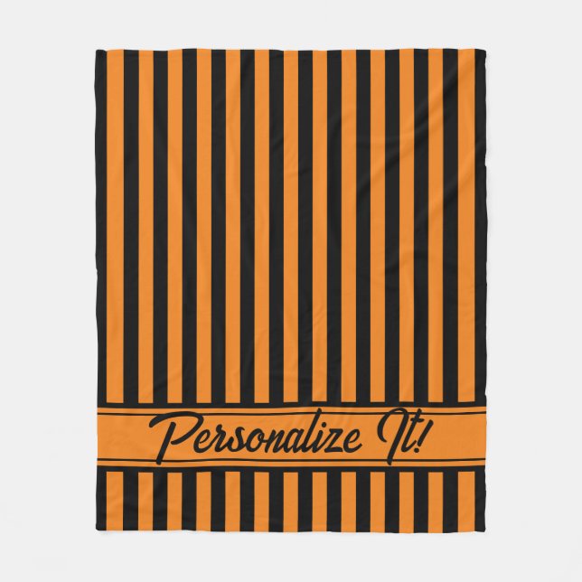 Halloween Orange Black Vertical Stripe Fleece Blanket (Front)