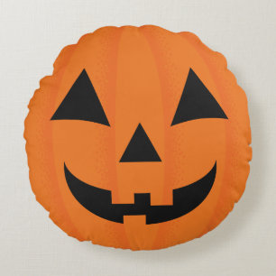 Halloween Orange Carved Happy Pumpkin Face Round Cushion