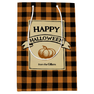  halloween orange check plaid medium gift bag