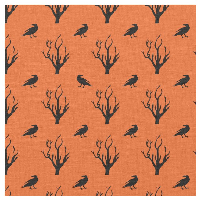 Halloween orange fabric with crows and dead trees (Close Up)