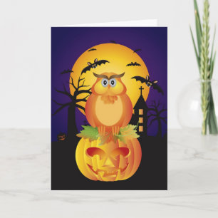 Halloween Orange Fall Colour Cute Owl and Bats Card