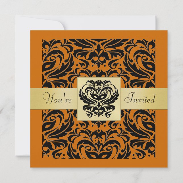 Halloween Orange Mask Black Damask Invitation (Front)