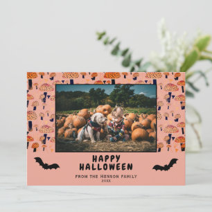 Halloween Orange Mushroom Black Bat Fall Photo Holiday Card