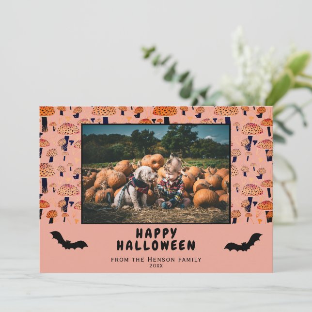 Halloween Orange Mushroom Black Bat Fall Photo Holiday Card (Standing Front)