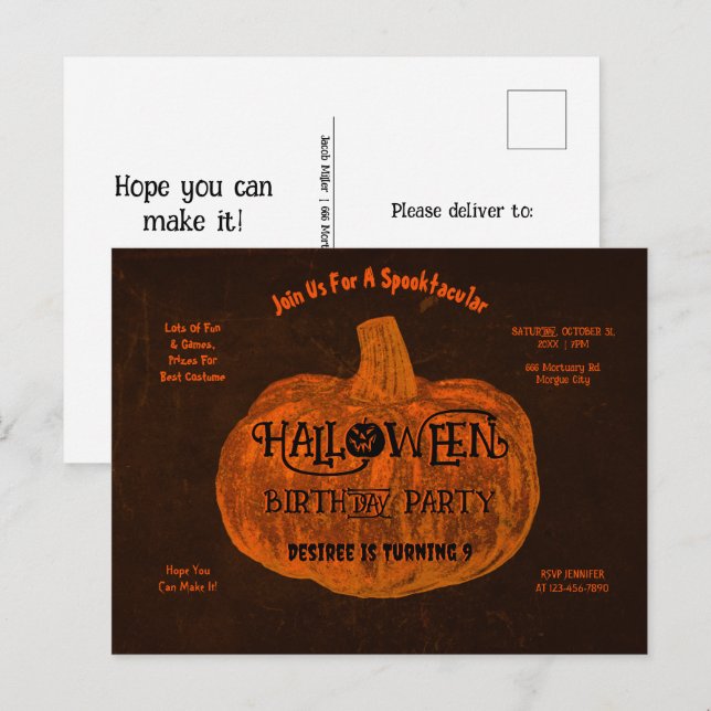 Halloween Orange Pumpkin Birthday Party Invitation Postcard (Front/Back)