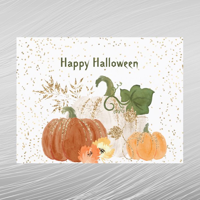 Halloween Orange Pumpkin Gold Floral Holiday Postcard (Creator Uploaded)