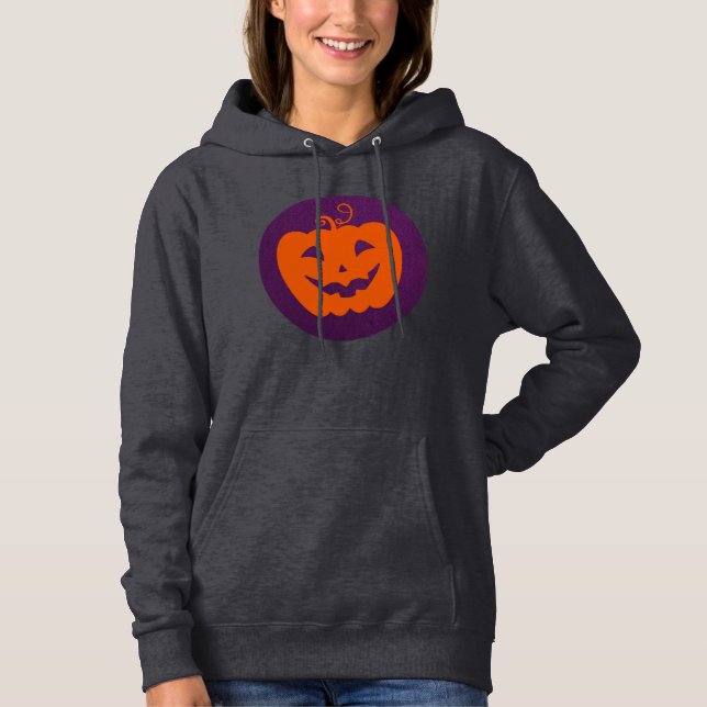 Halloween Orange Pumpkin on Purple Background Hoodie (Front)