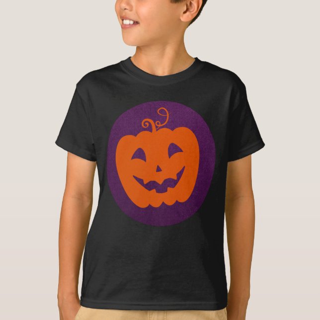 Halloween Orange Pumpkin on Purple Background T-Shirt (Front)