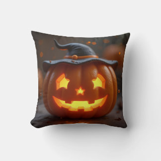 Halloween orange pumpkin wearing a witch hat cushion