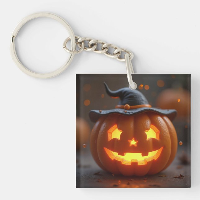 Halloween orange pumpkin wearing a witch hat key ring (Front)