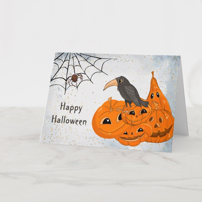 Halloween Orange Pumpkins Crow Spider Web Card (Creator Uploaded)