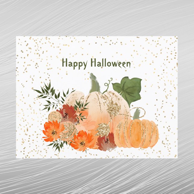 Halloween Orange Pumpkins Gold Confetti Flowers Holiday Postcard (Creator Uploaded)