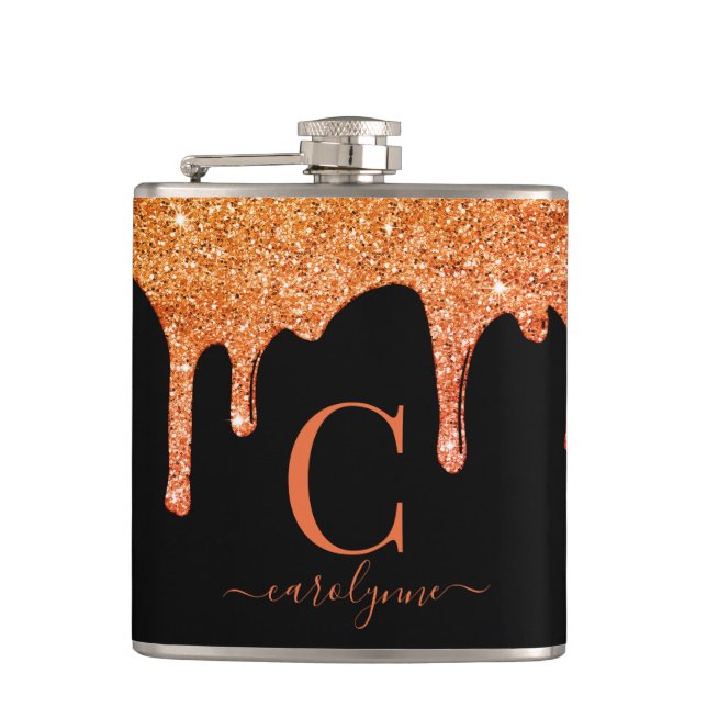 Halloween Orange Sparkle Glitter Drips Monogram Hip Flask (Front)