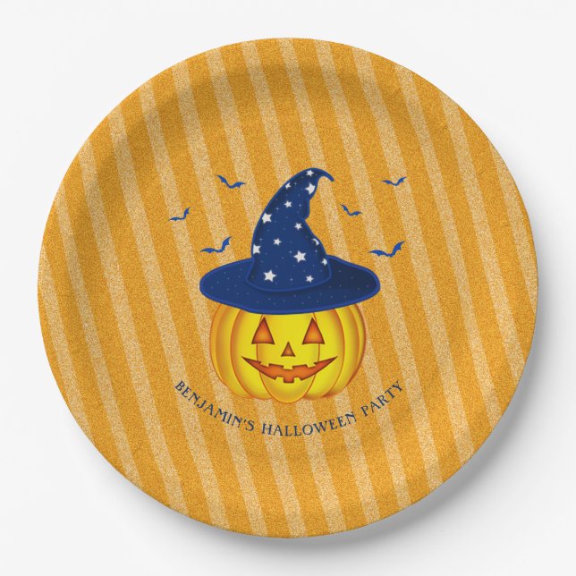 Halloween Orange Sparkly Stripes Pumpkin Paper Plate (Front)