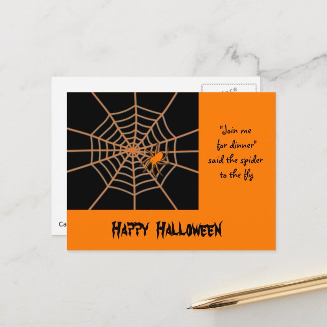 Halloween Orange spider and web custom text Postcard (Front/Back In Situ)