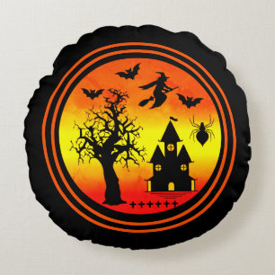 Halloween Orange Sunset Witch Haunted House Party Round Cushion