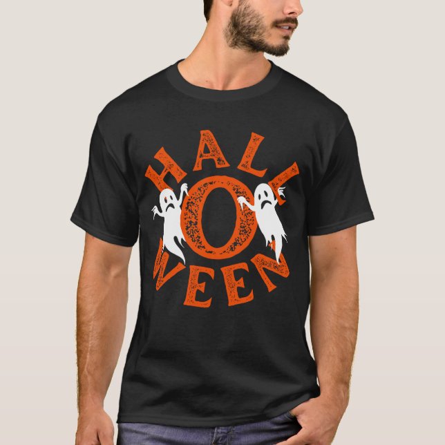 Halloween Orange Typography Ghosts T-Shirt (Front)