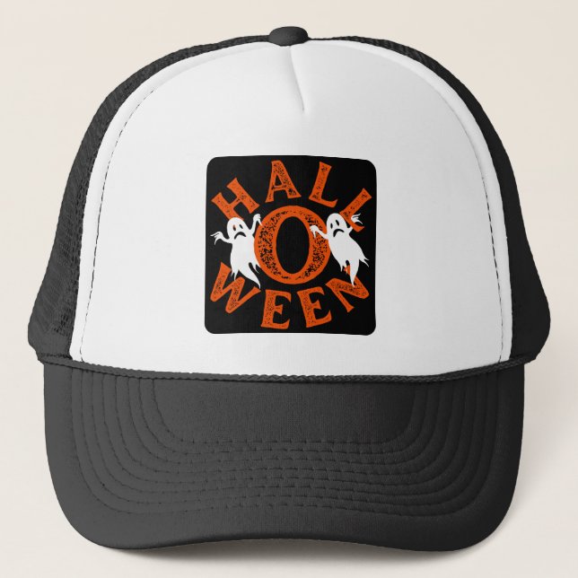 Halloween Orange Typography Ghosts Trucker Hat (Front)