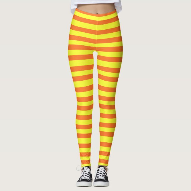 Halloween Orange, Yellow Stripe Leggings (Front)