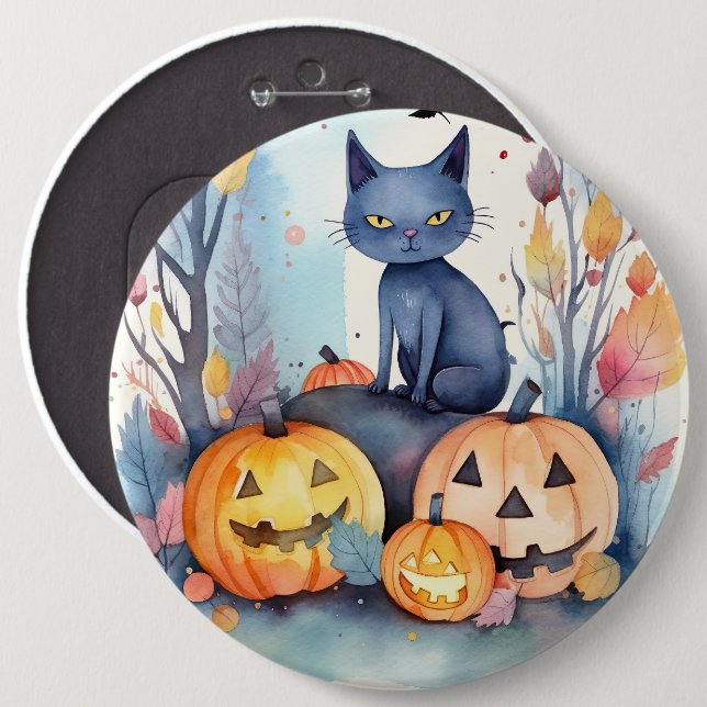 Halloween Oriental Blue Cat With Pumpkins Scary 6 Cm Round Badge (Front & Back)