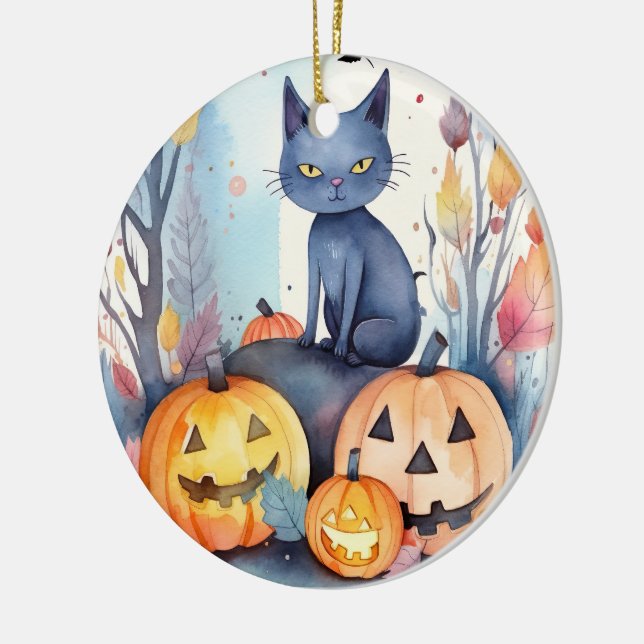 Halloween Oriental Blue Cat With Pumpkins Scary Ceramic Ornament (Left)
