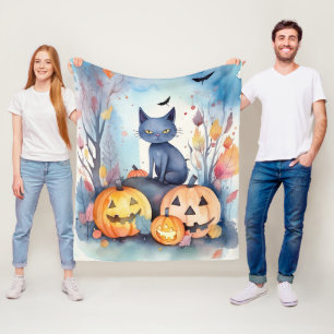 Halloween Oriental Blue Cat With Pumpkins Scary Fleece Blanket